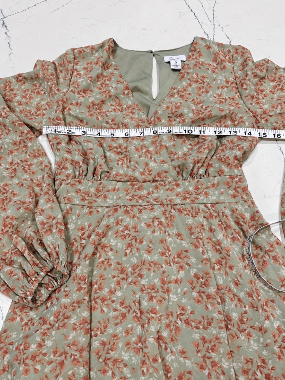 Japna Boho Sage Green Floral Ruffle Mini Dress Long Sleeve Tie Waist Size Small - Picture 7 of 8